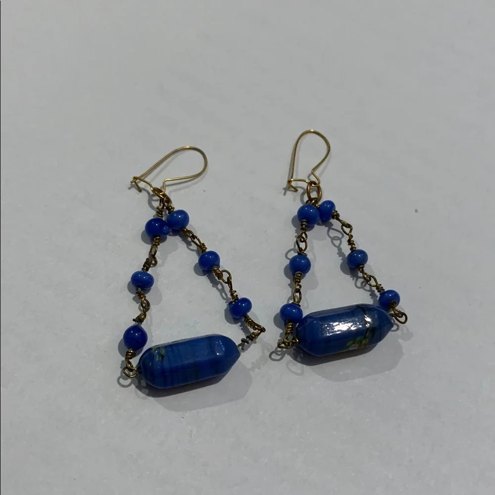 Vintage Victorian style blue glass bead and brass wire Dangle pierced Earrings - Picture 1 of 4